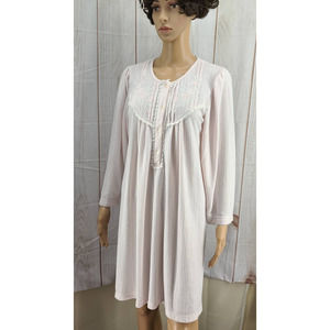 Miss Elaine's Honeycomb Knee Length Nightgown Embroidered & Lace Button Neckline